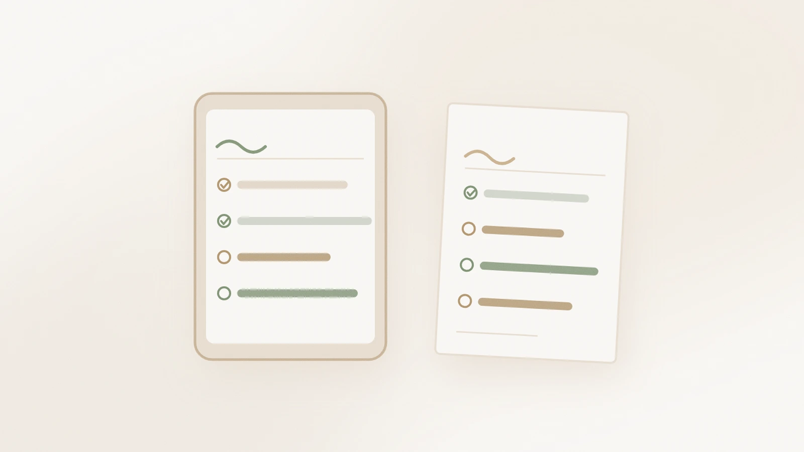 Calm illustration of a tablet and a printed planner page side by side with simple daily task markers.
